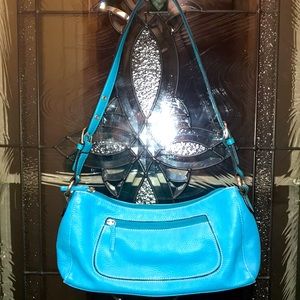 ”Happy” Tig & Co soft pebble bright aqua leather handbag, chocolate interior.